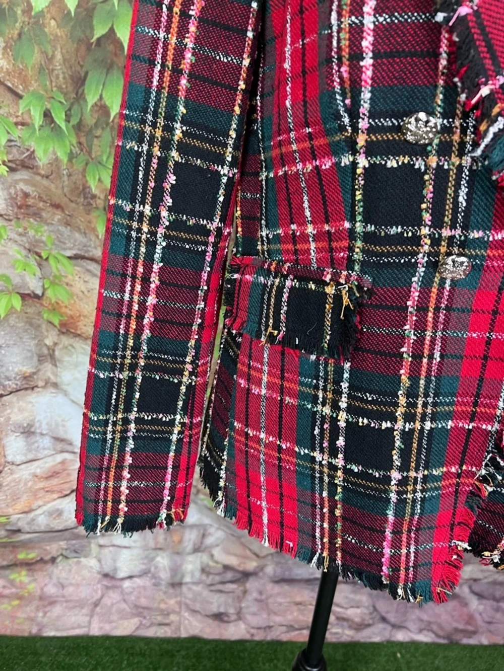 RACHEL ZOE Preppy Red Raw Hemmed Tartan Plaid Equestrian Blazer, M - Picture 4 of 16